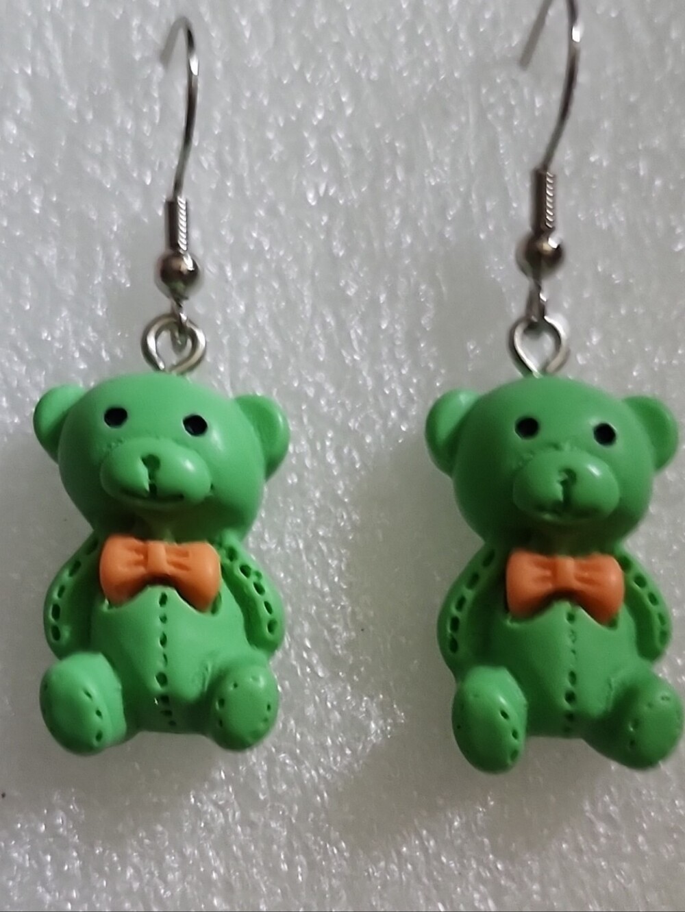 Hand Crafted Green Teddy Bear Earrings with Orange Bows